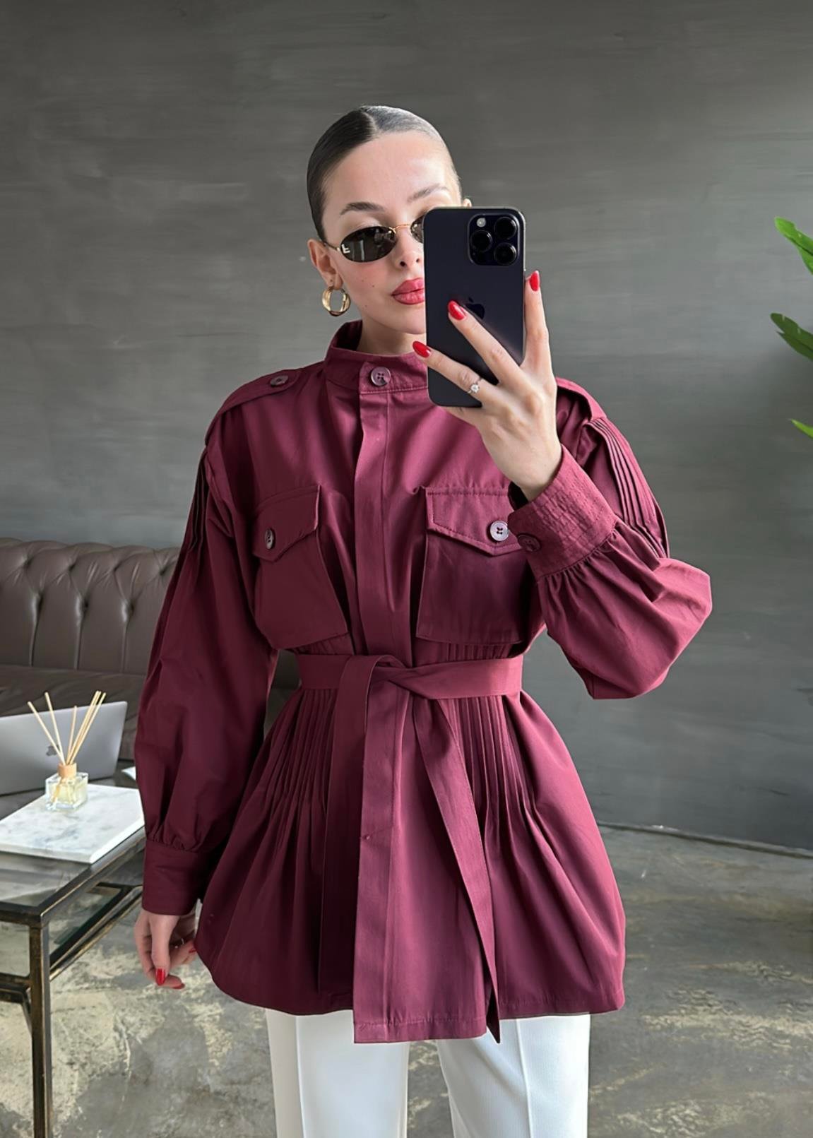 Nervür Detaylı Kap Ceket BORDO