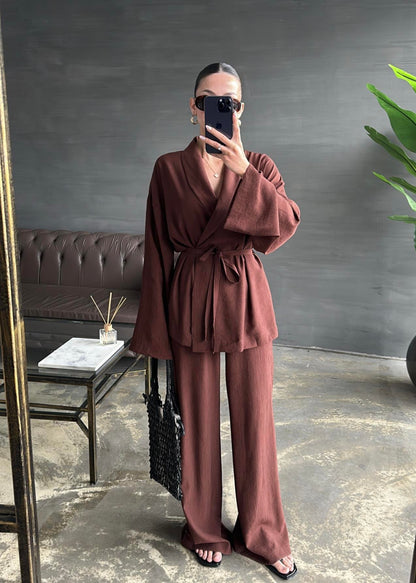 Şal Yaka Krinkıl Kimono Takım ACI KAHVE
